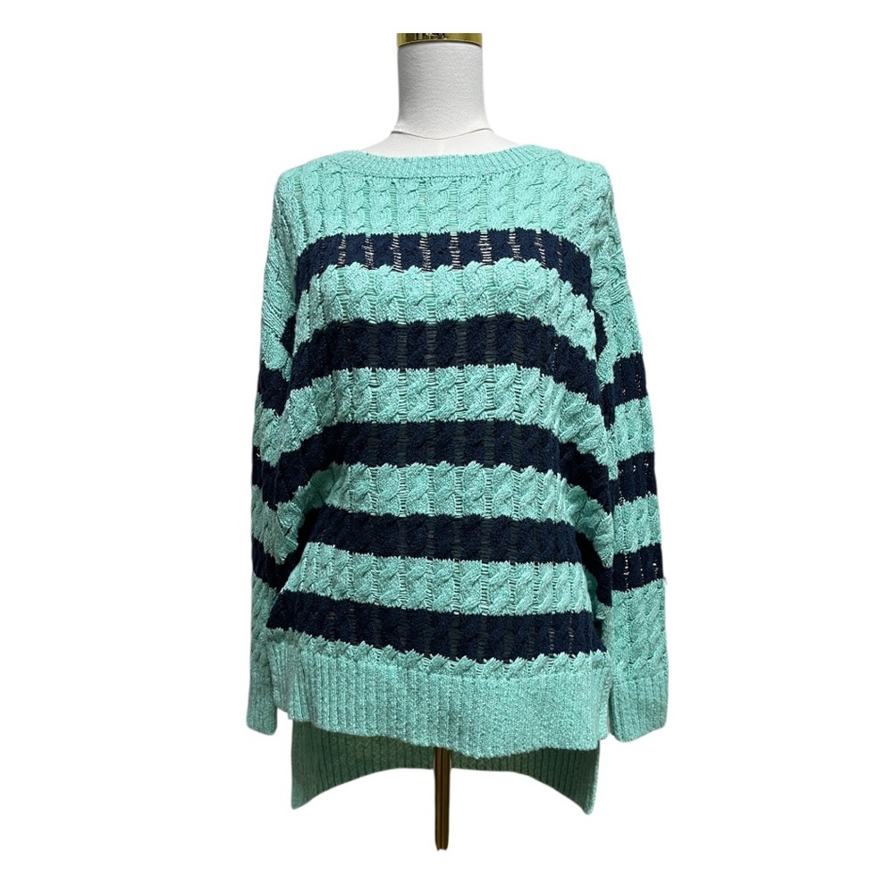Anthropologie Pilcro Longline Stitch Striped Oversized Sweater Green-Blue Sz S